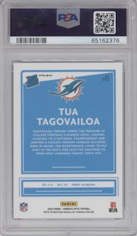 Tua Tagovailoa from the 2020 Panini Donruss Optic set featuring a Hyper Blue  parallel graded by PSA and given an overall grade of 10.