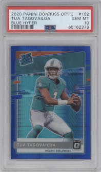 Tua Tagovailoa from the 2020 Panini Donruss Optic set featuring a Hyper Blue  parallel graded by PSA and given an overall grade of 10.