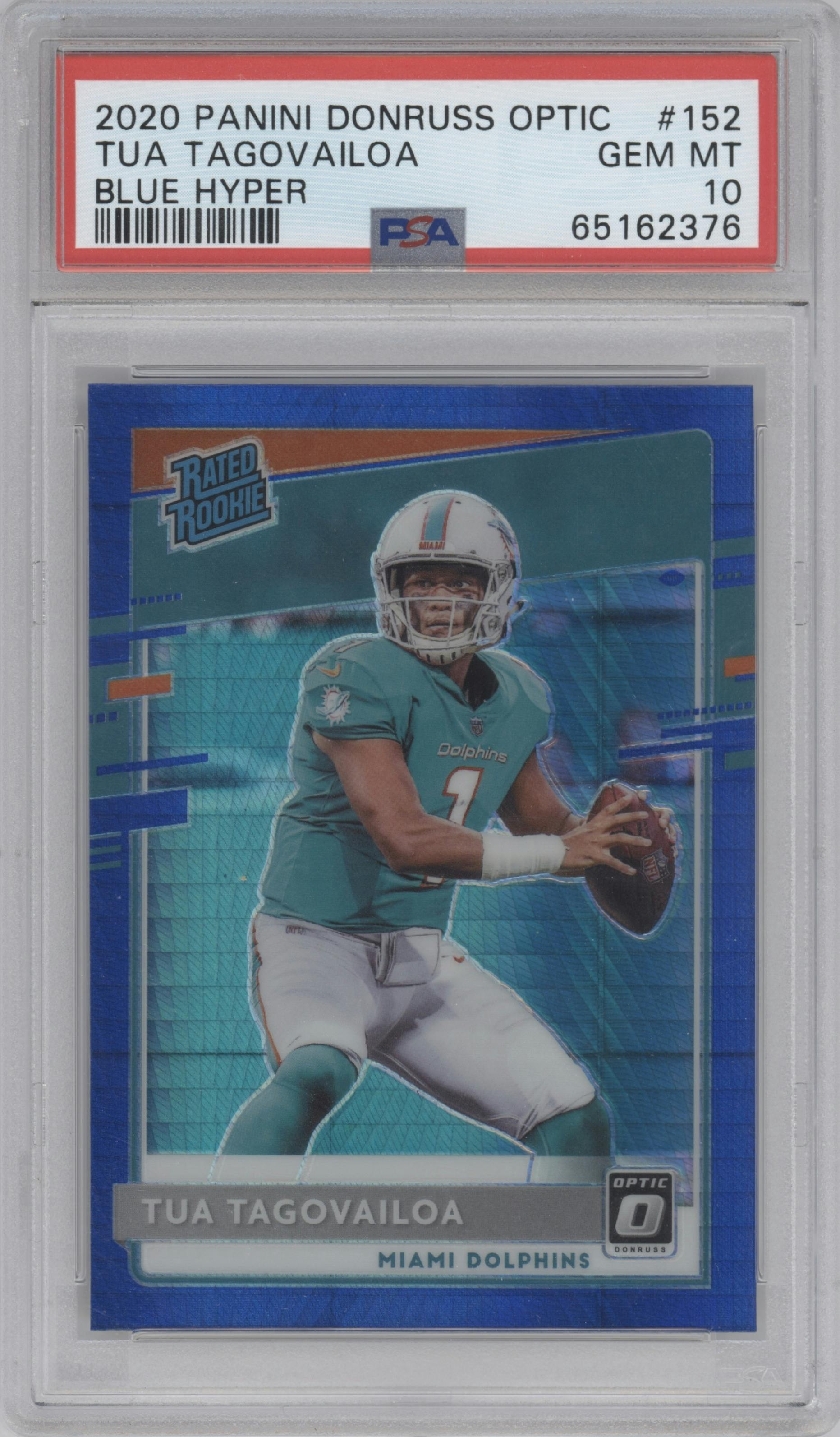 Tua Tagovailoa from the 2020 Panini Donruss Optic set featuring a Hyper Blue  parallel graded by PSA and given an overall grade of 10.