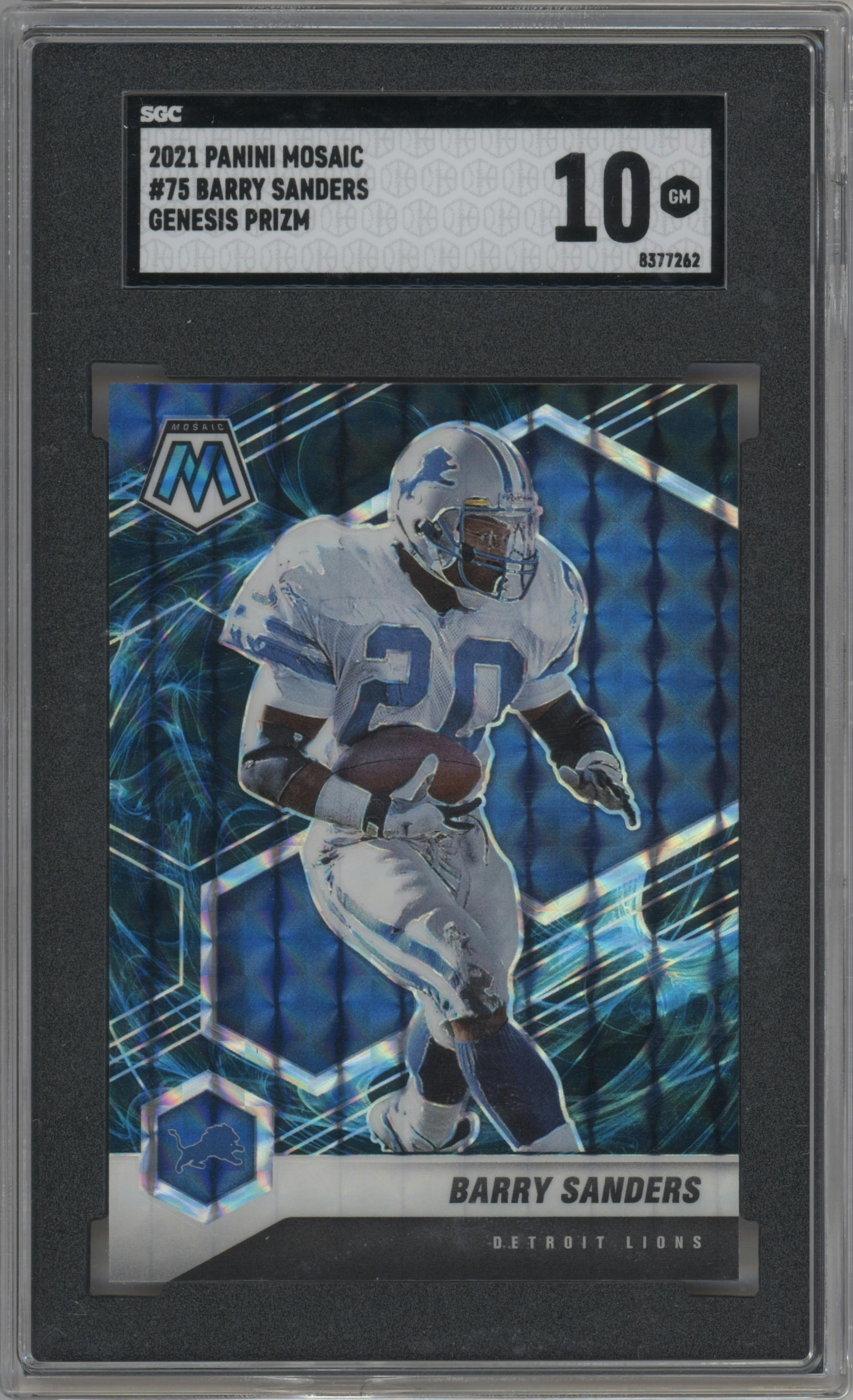 Barry Sanders from the 2021 Panini Mosaic set featuring a Genesis parallel graded by SGC and given an overall grade of 10.