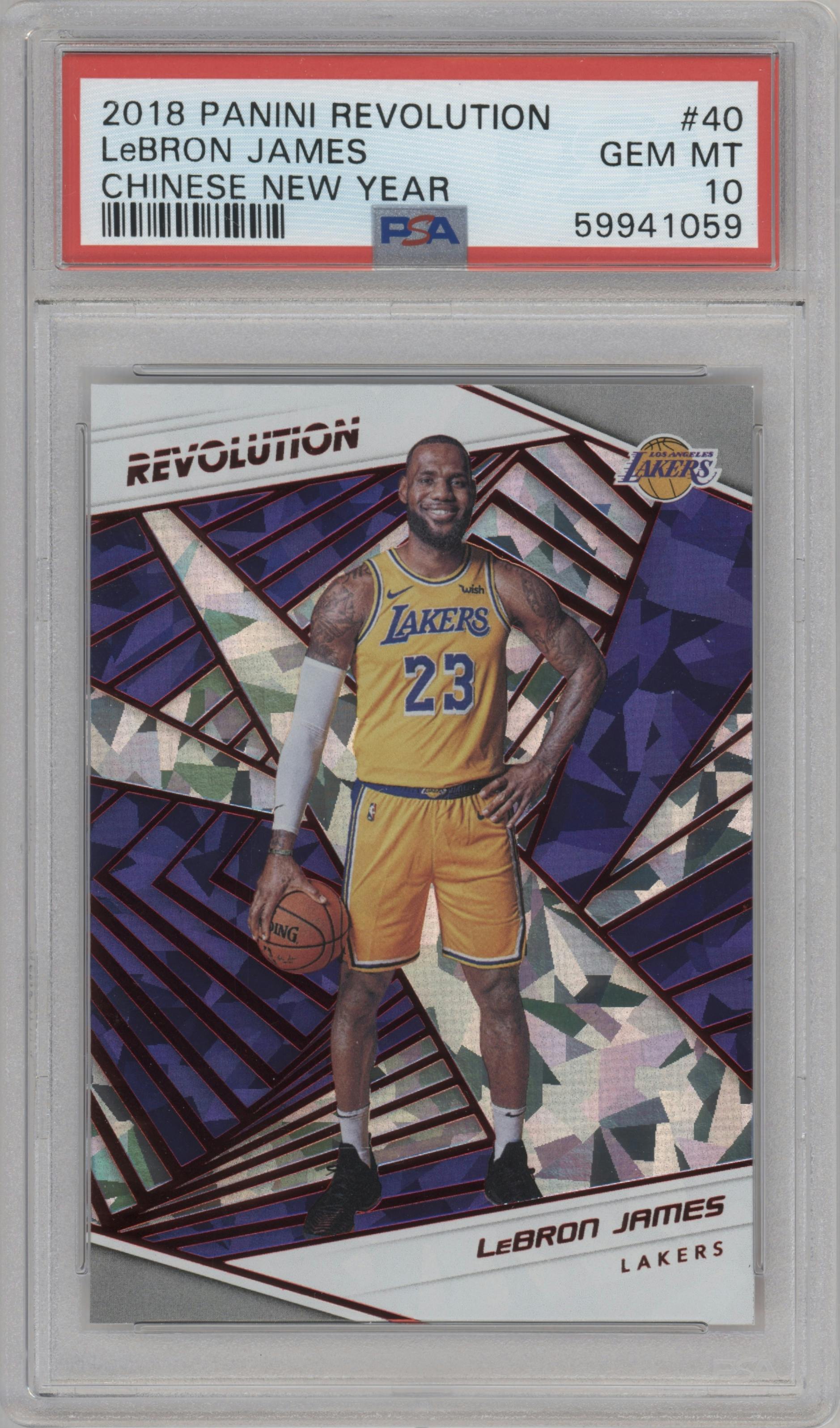 LeBron James from the 2018-19 Panini Revolution  set featuring a Chinese New Year parallel graded by PSA and given an overall grade of 10.