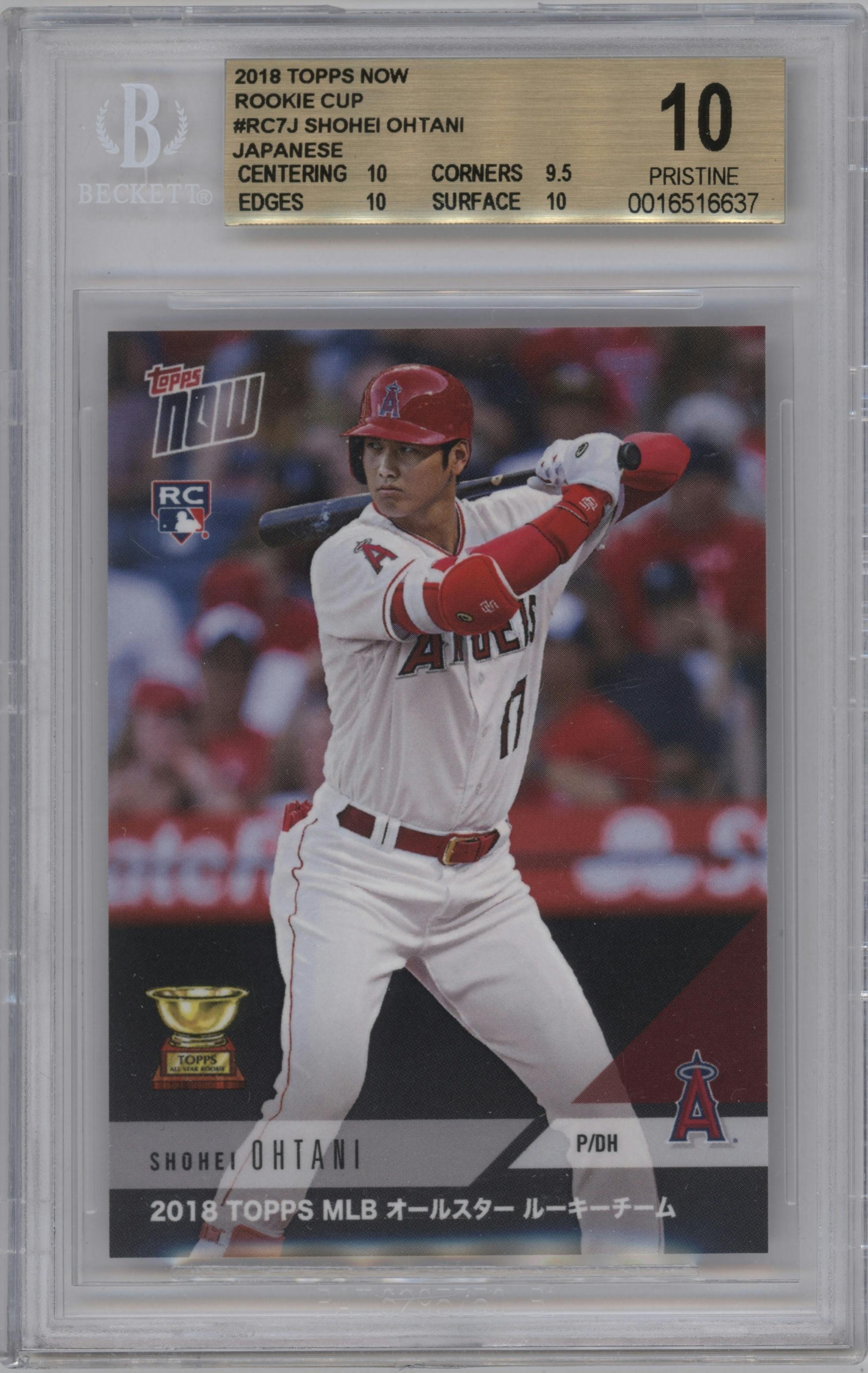 Shohei Ohtani from the 2018 Topps Now set featuring a Japanese parallel graded by Beckett and given an overall grade of 10.