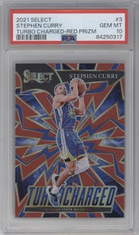 Stephen Curry from the 2021-22 Panini Select set featuring a Red Prizm parallel graded by PSA and given an overall grade of 10.
