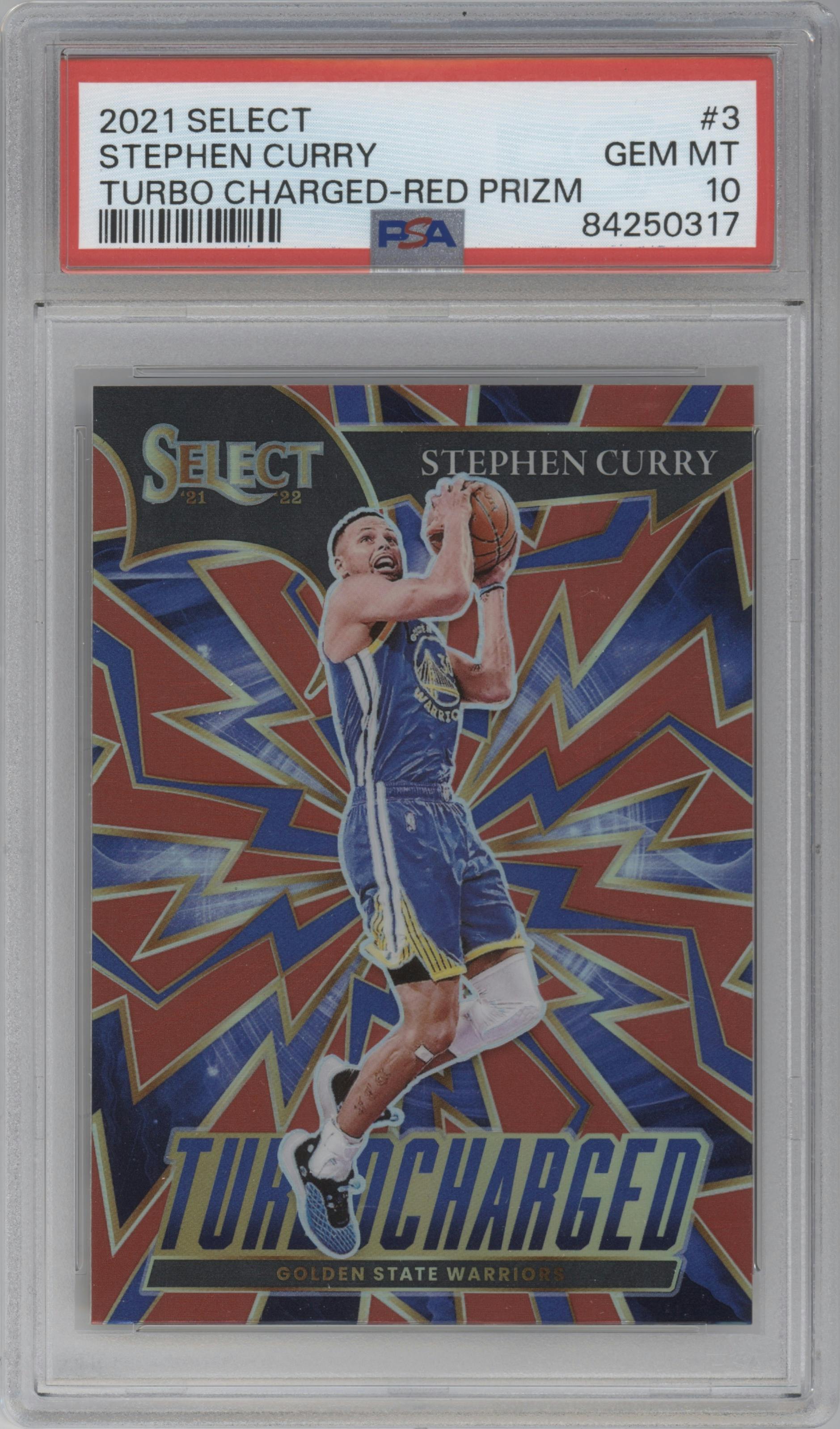 Stephen Curry from the 2021-22 Panini Select set featuring a Red Prizm parallel graded by PSA and given an overall grade of 10.