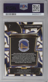 Stephen Curry from the 2021-22 Panini Select set featuring a Red Prizm parallel graded by PSA and given an overall grade of 10.