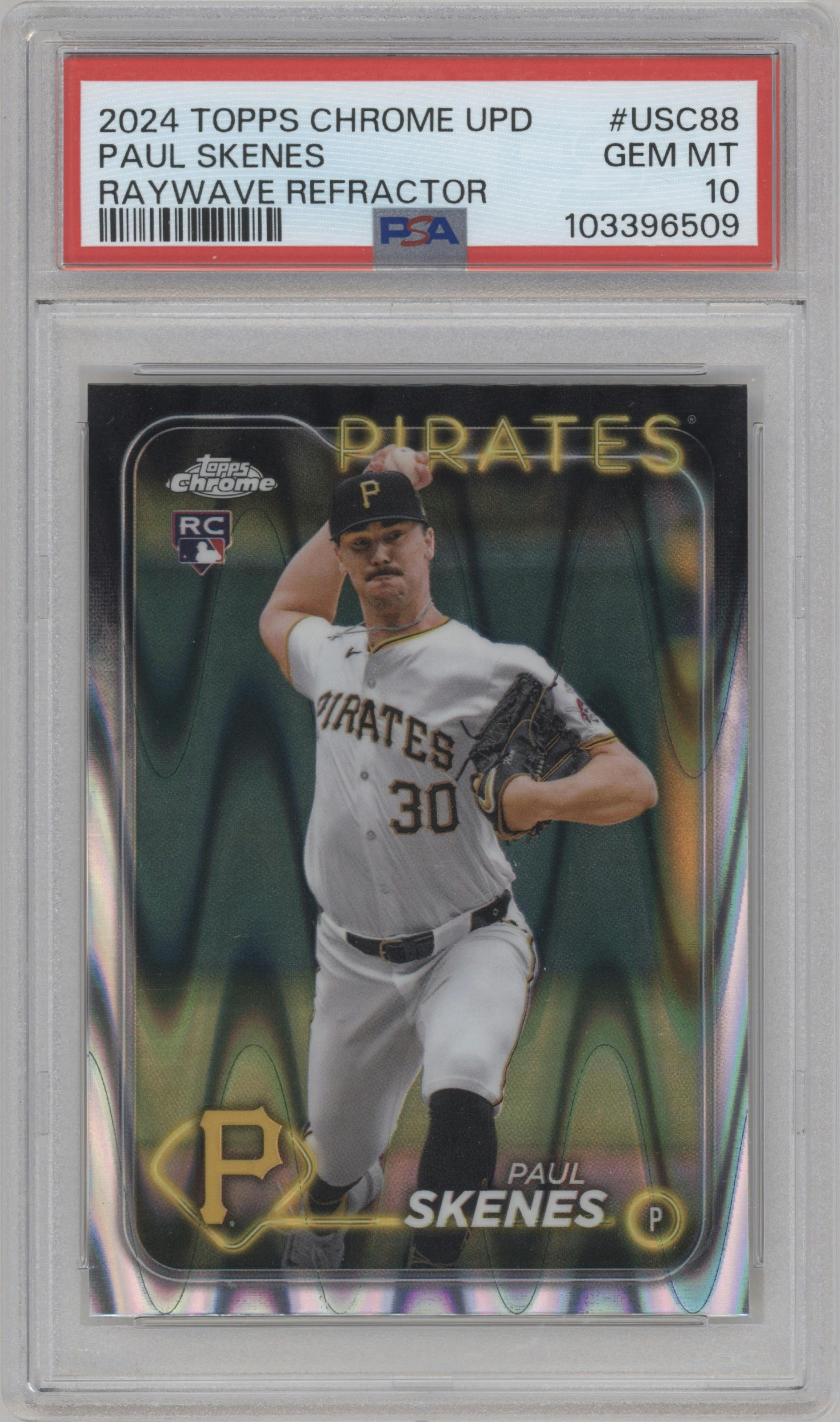 Paul Skenes from the 2024 Topps Chrome Update set featuring a RayWave Refractor parallel graded by PSA and given an overall grade of 10.