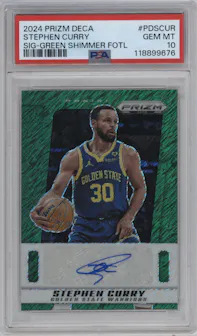 Stephen Curry from the 2024-25 Panini Prizm Deca set featuring a Green Shimmer FOTL parallel graded by PSA and given an overall grade of 10.