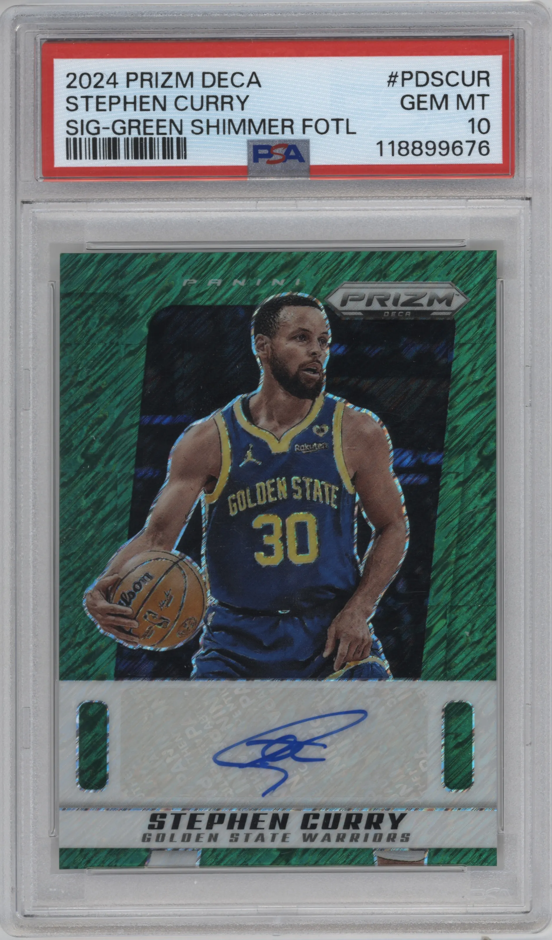 Stephen Curry from the 2024-25 Panini Prizm Deca set featuring a Green Shimmer FOTL parallel graded by PSA and given an overall grade of 10.