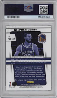Stephen Curry from the 2024-25 Panini Prizm Deca set featuring a Green Shimmer FOTL parallel graded by PSA and given an overall grade of 10.