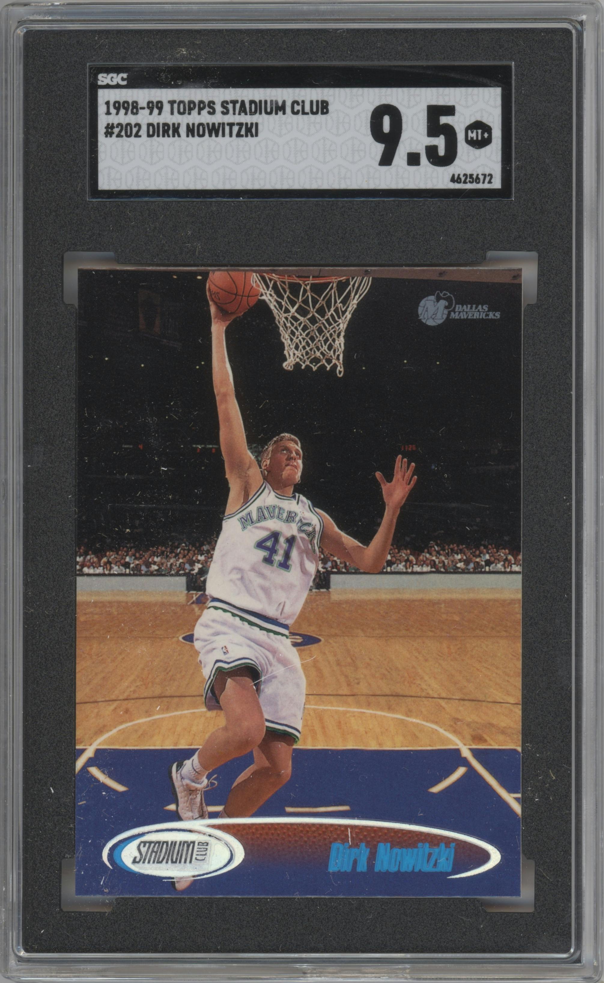 Dirk Nowitzki from the 1998-99 Topps Stadium Club set graded by SGC and given an overall grade of 9.5.