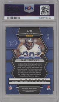 Barry Sanders from the 2023 Panini Mosaic set featuring a Green Fluorescent parallel graded by PSA and given an overall grade of 10.