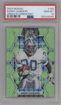 Barry Sanders from the 2023 Panini Mosaic set featuring a Green Fluorescent parallel graded by PSA and given an overall grade of 10.