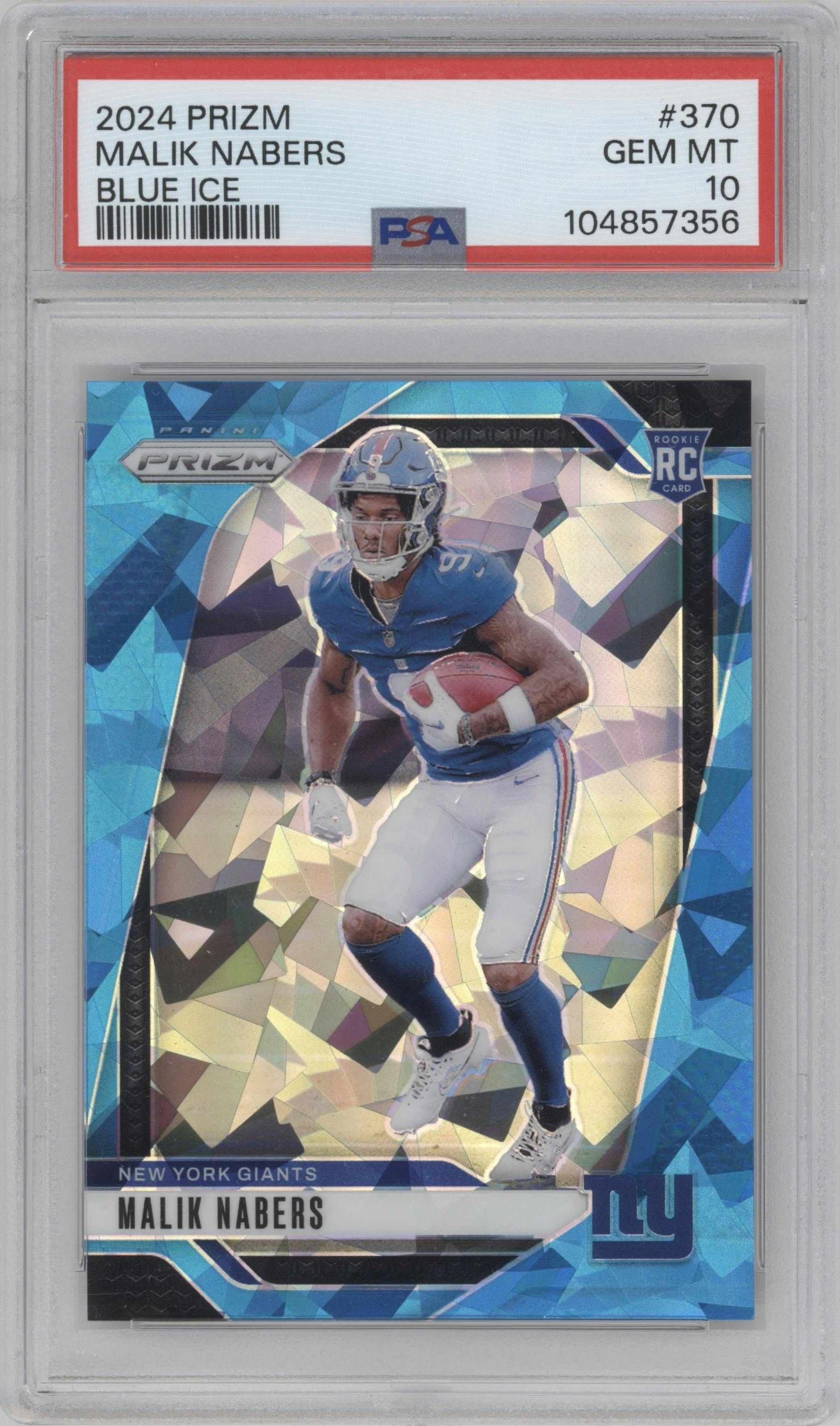 Malik Nabers from the 2024 Panini Prizm set featuring a Blue Ice parallel graded by PSA and given an overall grade of 10.
