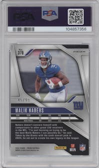 Malik Nabers from the 2024 Panini Prizm set featuring a Blue Ice parallel graded by PSA and given an overall grade of 10.