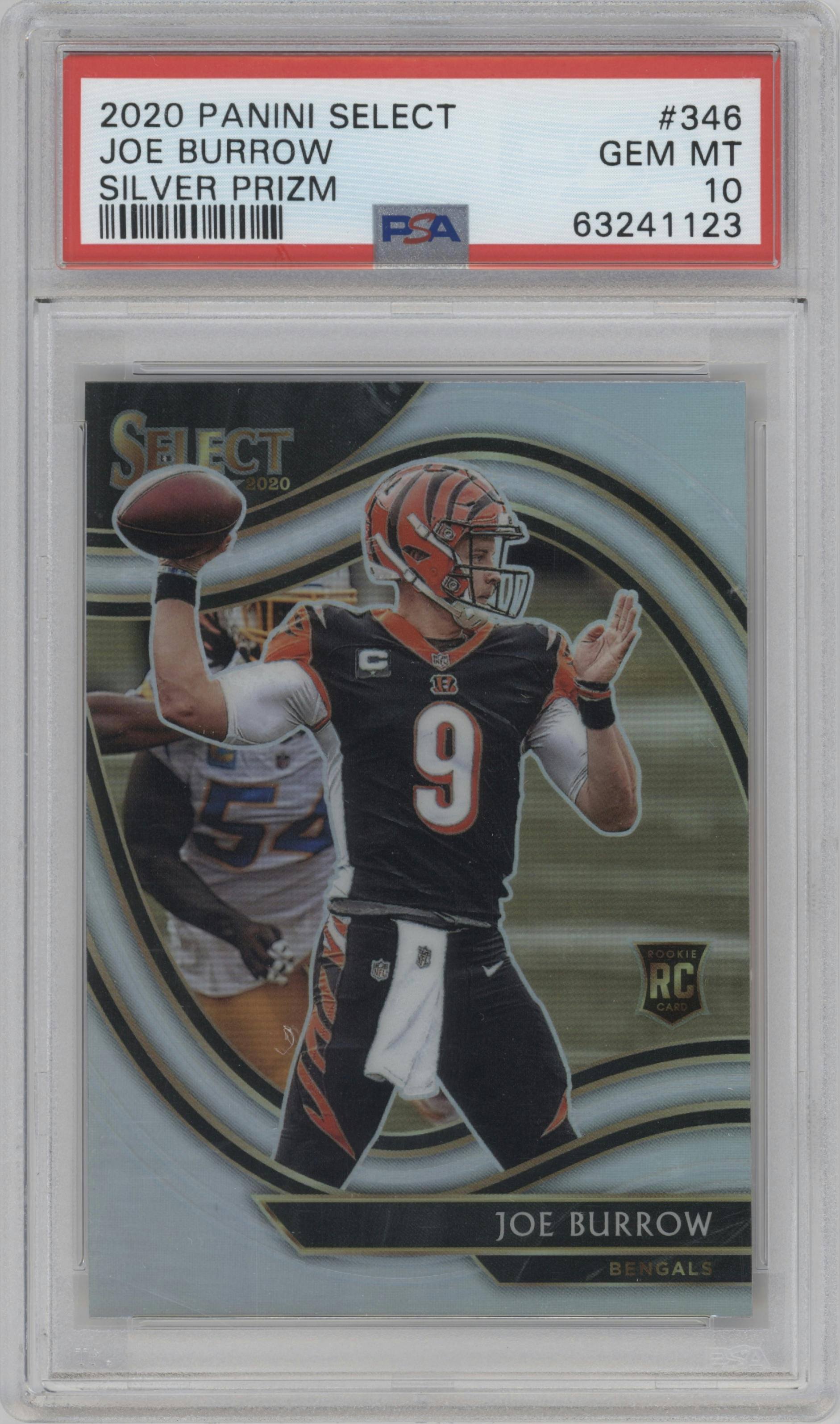 Joe Burrow from the 2020 Panini Select set featuring a Silver Prizm parallel graded by PSA and given an overall grade of 10.