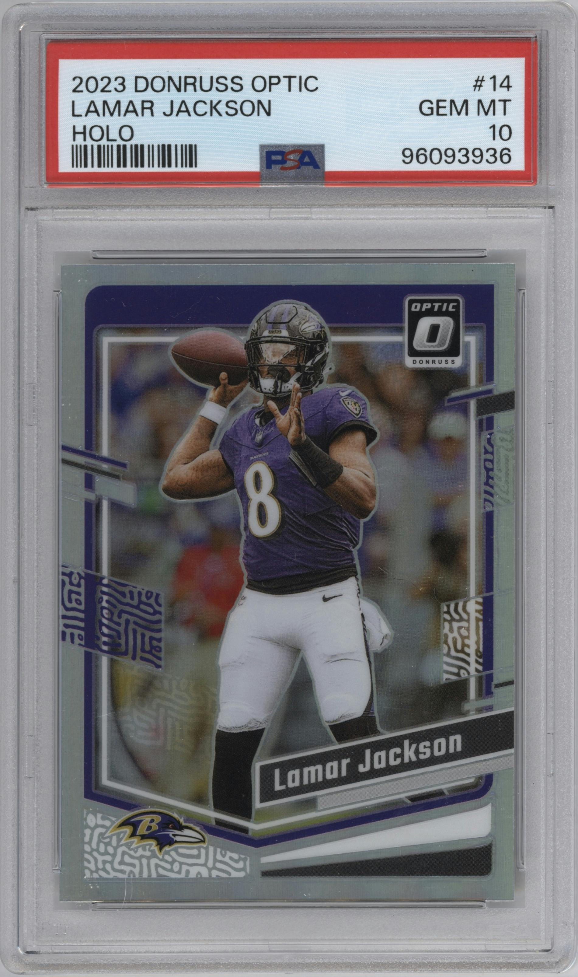 Lamar Jackson from the 2023 Donruss Optic set featuring a Holo parallel graded by PSA and given an overall grade of 10.