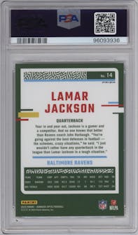 Lamar Jackson from the 2023 Donruss Optic set featuring a Holo parallel graded by PSA and given an overall grade of 10.