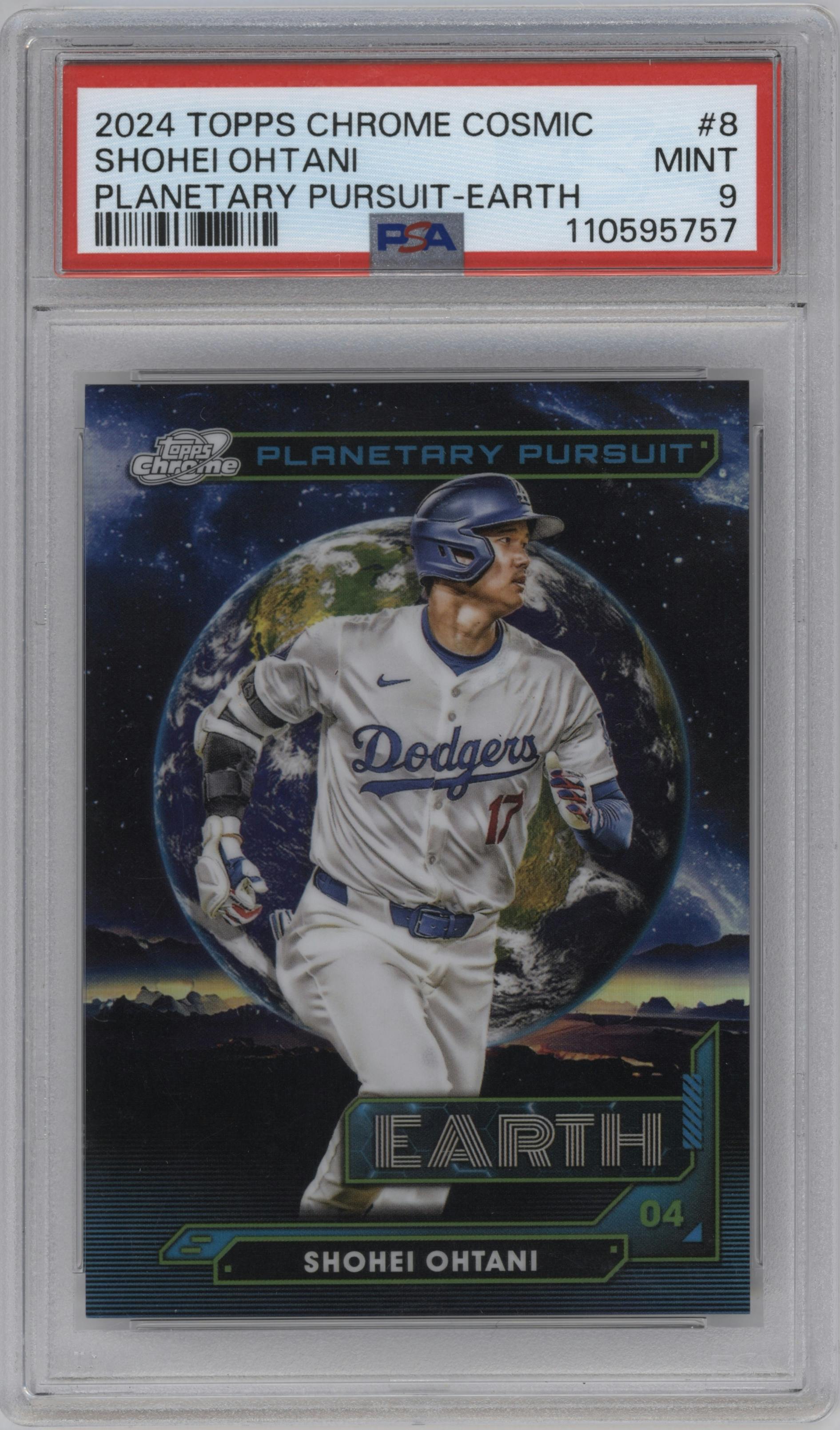 Shohei Ohtani from the 2024 Topps Cosmic Chrome set graded by PSA and given an overall grade of 9.