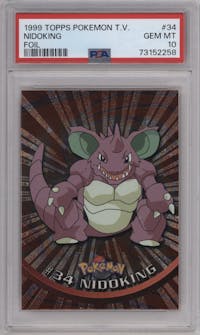 Nidoking from the 1999 Pokemon set featuring a Foil parallel graded by PSA and given an overall grade of 10.