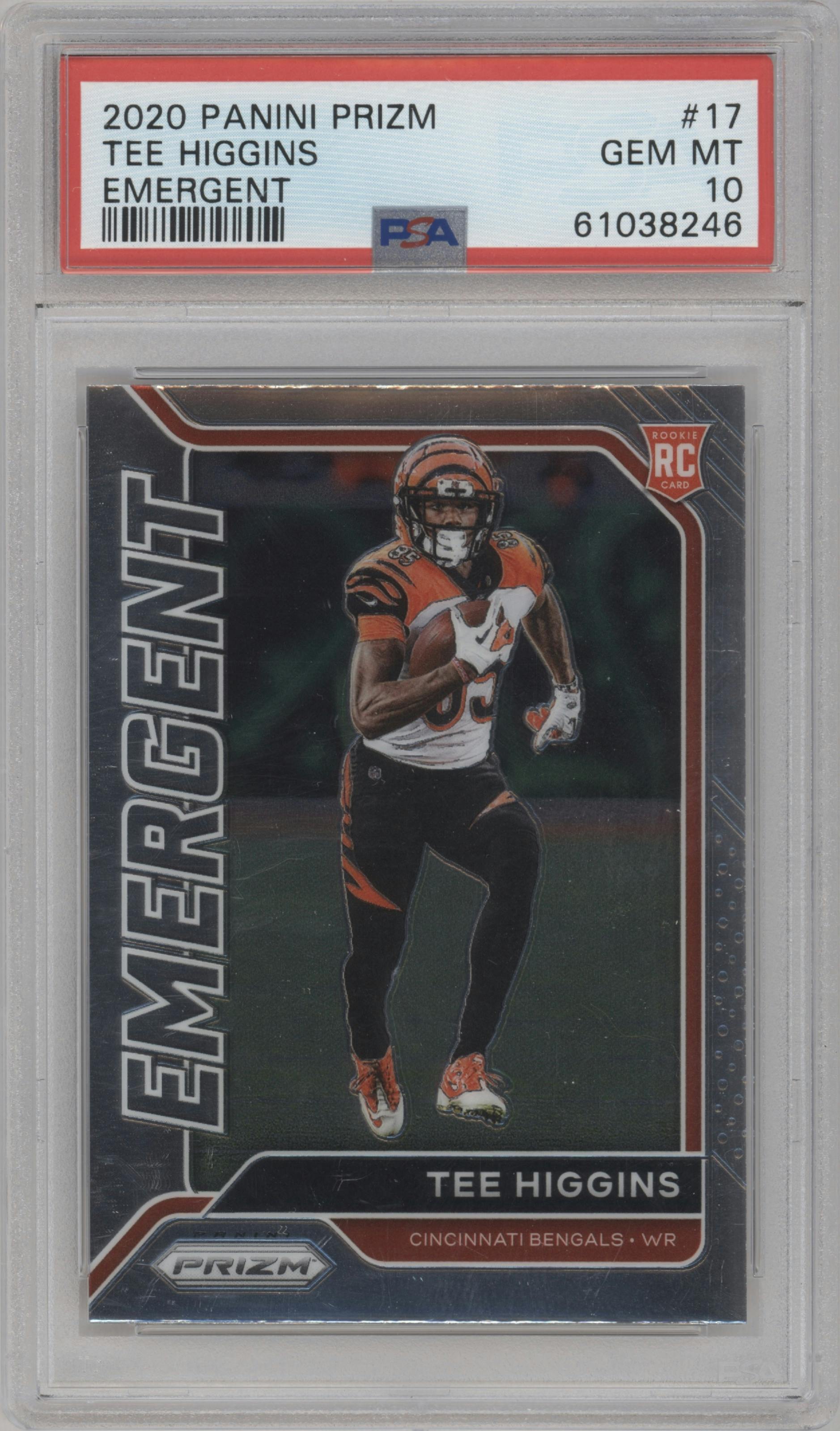 Tee Higgins from the 2020 Panini Prizm set graded by PSA and given an overall grade of 10.