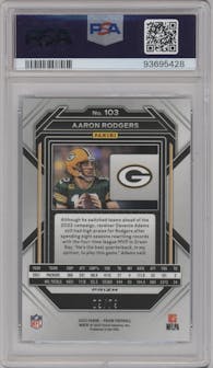  Aaron Rodgers from the 2022 Panini Prizm set featuring a No Huddle Blue  parallel graded by PSA and given an overall grade of 10.