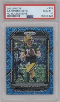  Aaron Rodgers from the 2022 Panini Prizm set featuring a No Huddle Blue  parallel graded by PSA and given an overall grade of 10.