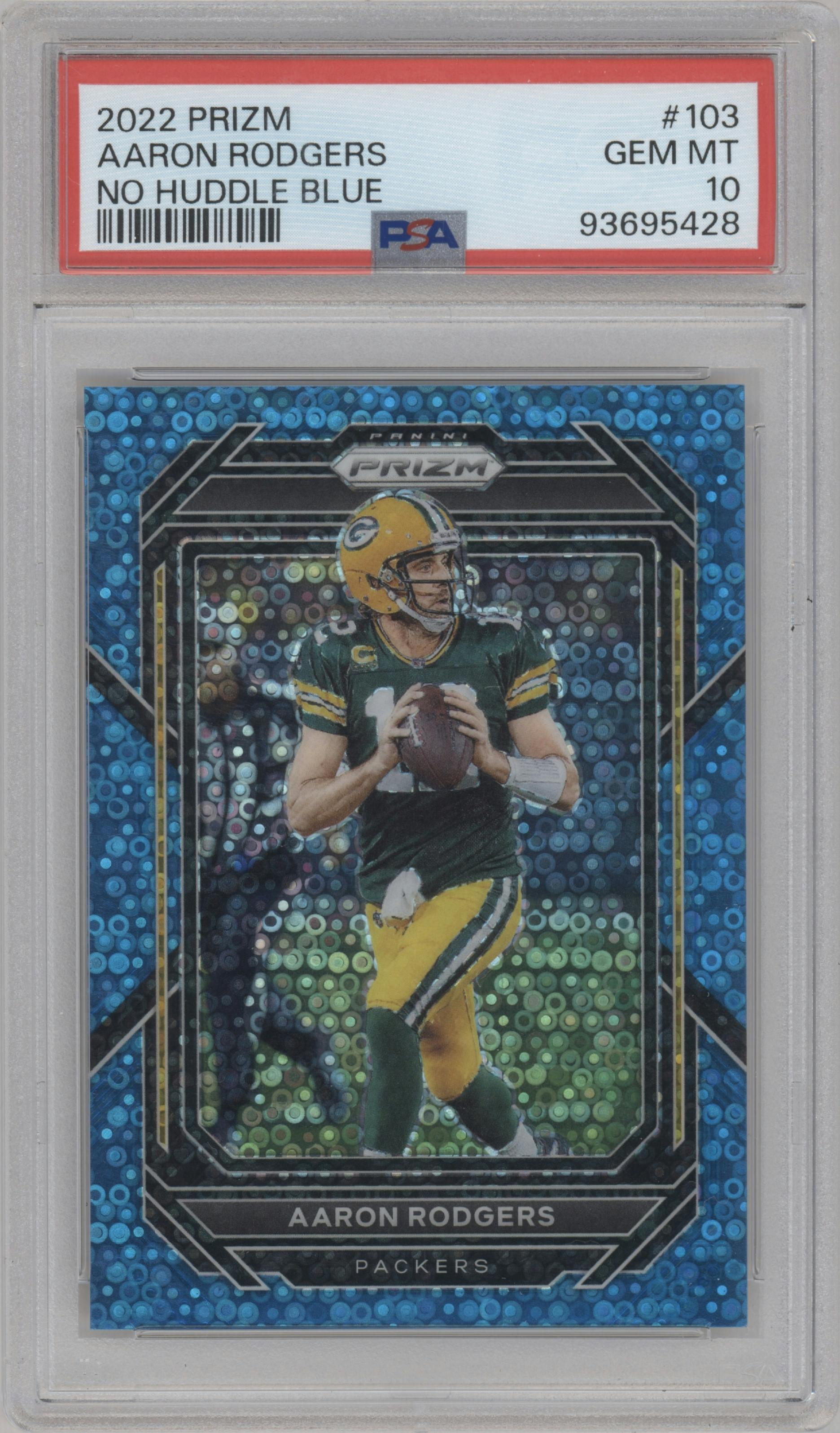  Aaron Rodgers from the 2022 Panini Prizm set featuring a No Huddle Blue  parallel graded by PSA and given an overall grade of 10.