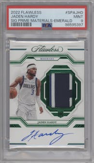 Jaden Hardy from the 2022-23 Panini Flawless set featuring a Emerald parallel graded by PSA and given an overall grade of 9.