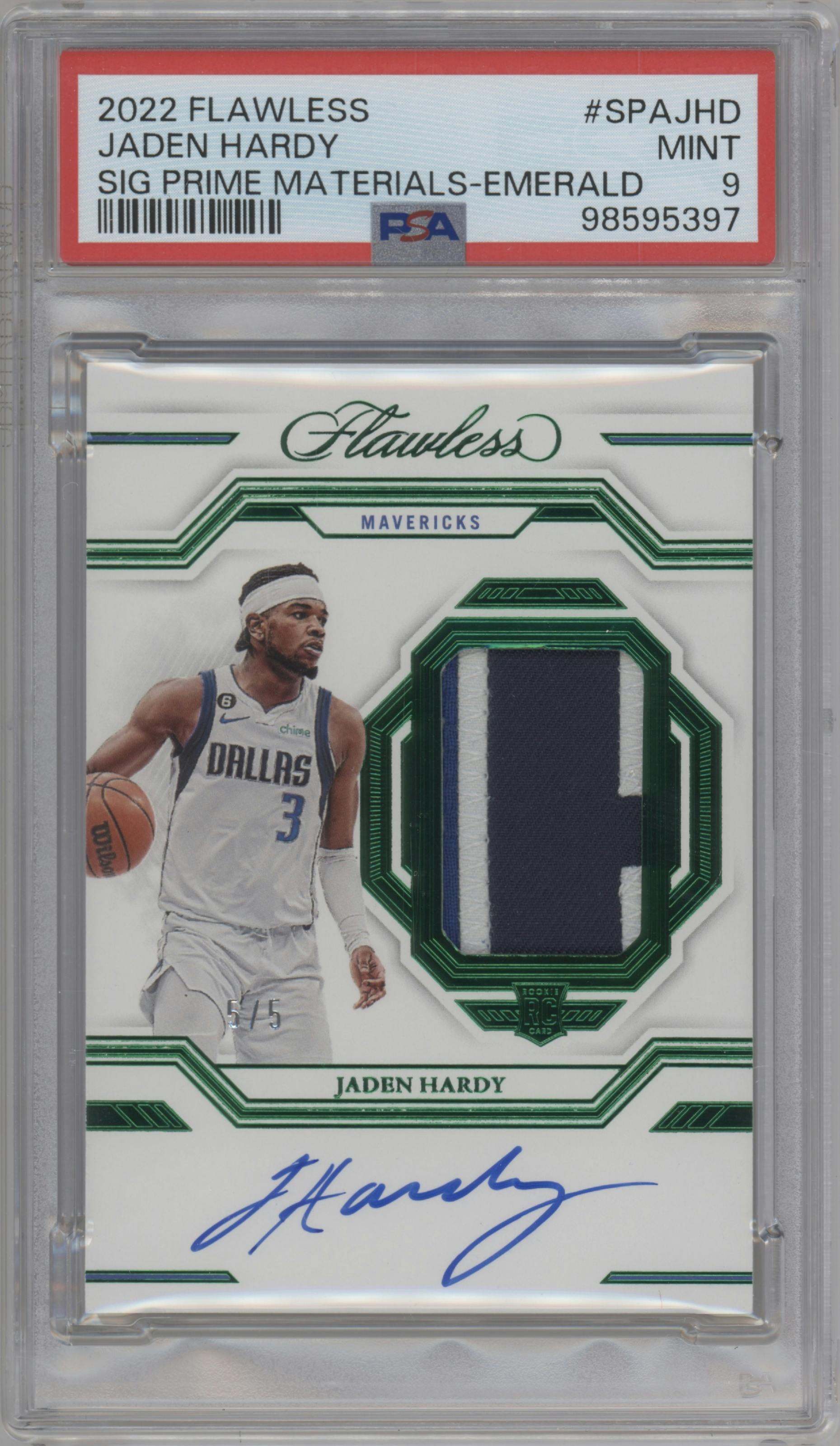 Jaden Hardy from the 2022-23 Panini Flawless set featuring a Emerald parallel graded by PSA and given an overall grade of 9.