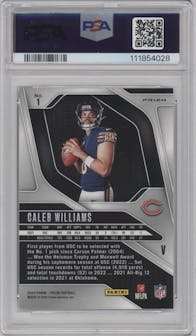 Caleb Williams from the 2024 Panini Prizm set featuring a No Huddle parallel graded by PSA and given an overall grade of 10.