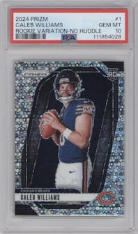 Caleb Williams from the 2024 Panini Prizm set featuring a No Huddle parallel graded by PSA and given an overall grade of 10.