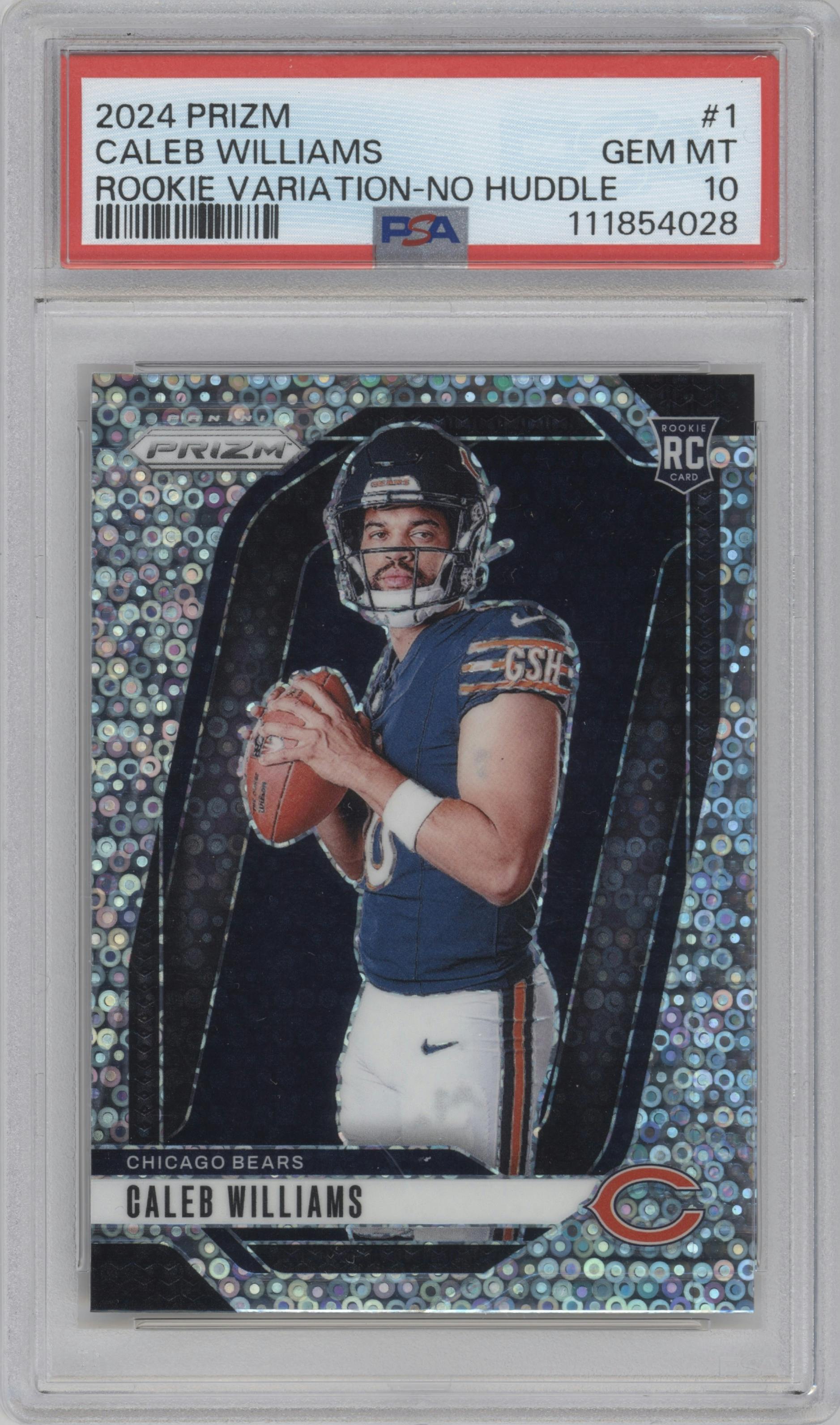 Caleb Williams from the 2024 Panini Prizm set featuring a No Huddle parallel graded by PSA and given an overall grade of 10.