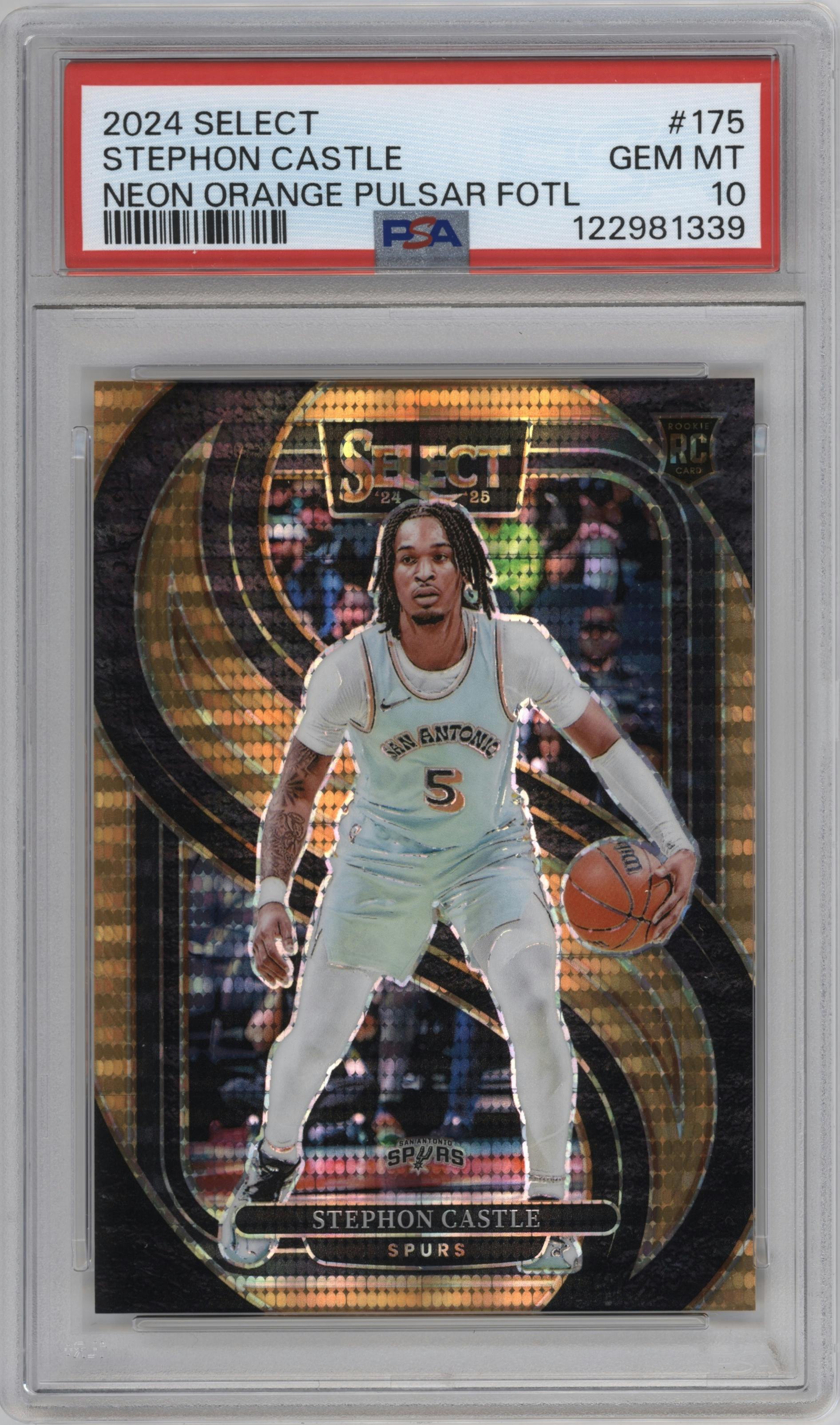 Stephon Castle from the 2024-25 Panini Select set featuring a Neon Orange Pulsar FOTL parallel graded by PSA and given an overall grade of 10.