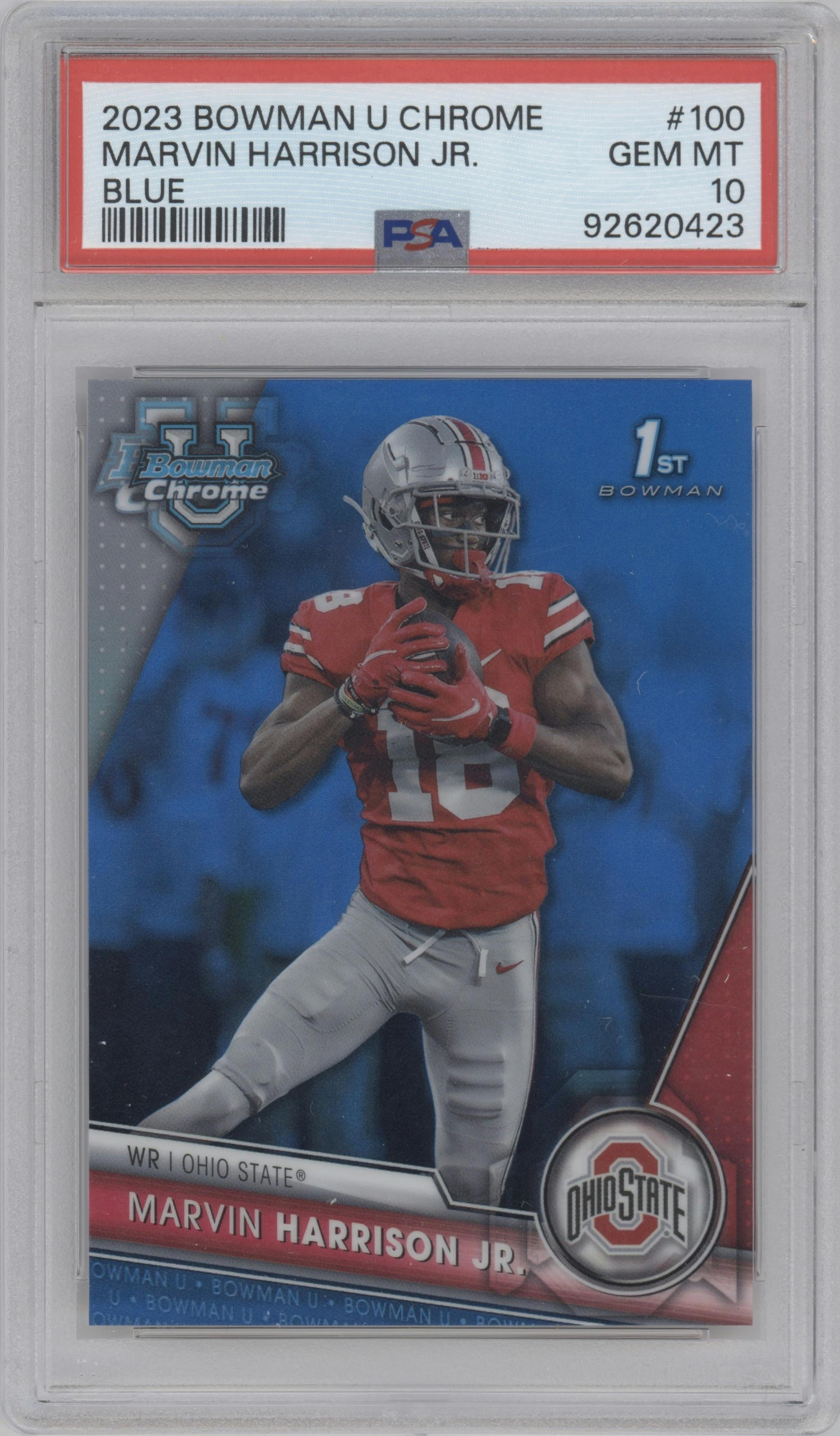 Marvin Harrison Jr.  from the 2023 Bowman Chrome University set featuring a Blue Refractor parallel graded by PSA and given an overall grade of 10.