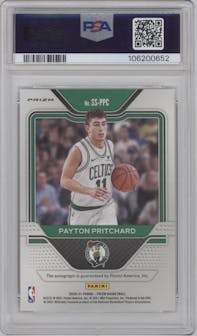 Payton Pritchard from the 2020-21 Panini Prizm set featuring a Silver Prizm parallel graded by PSA and given an overall grade of 10.