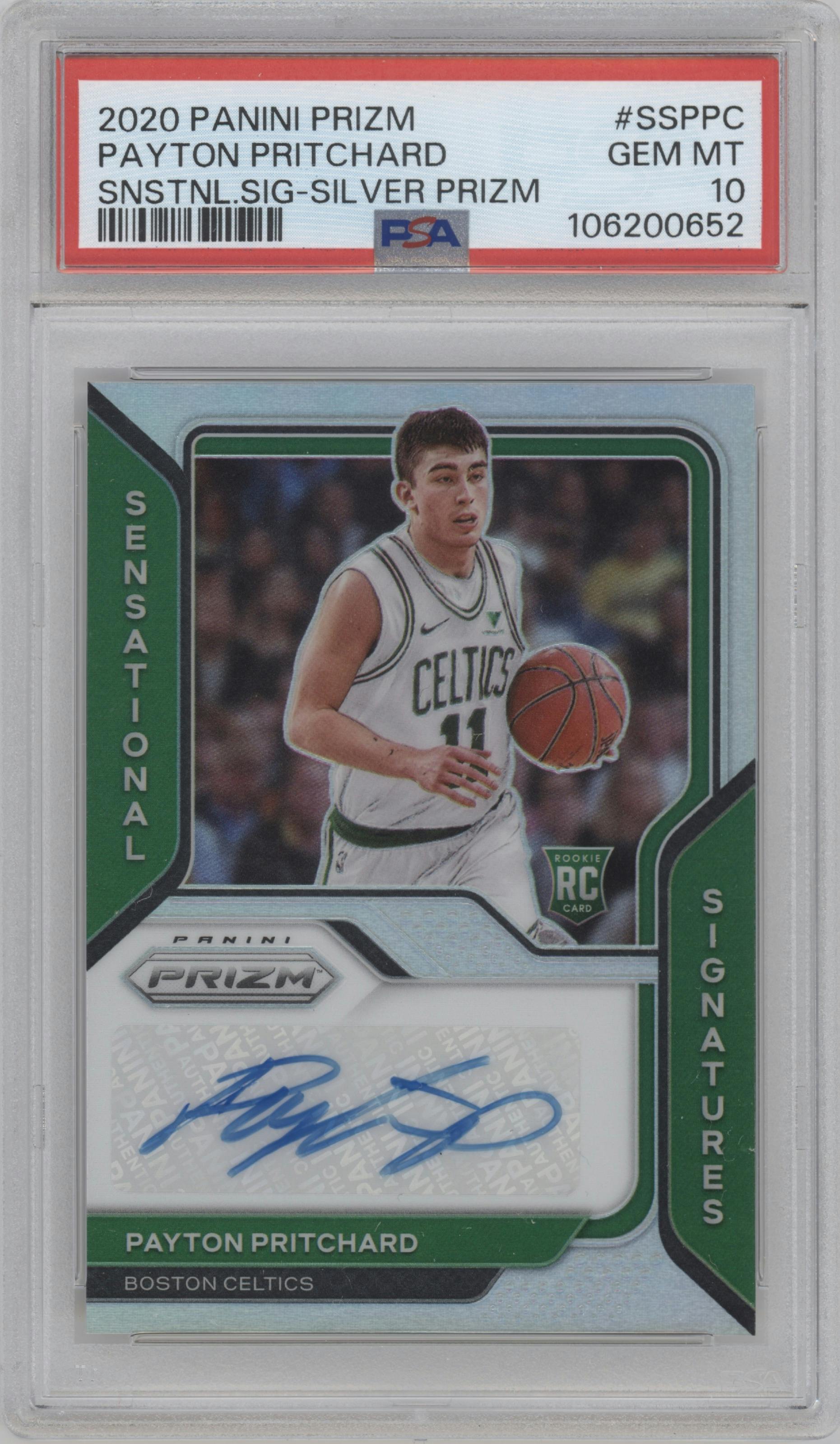 Payton Pritchard from the 2020-21 Panini Prizm set featuring a Silver Prizm parallel graded by PSA and given an overall grade of 10.