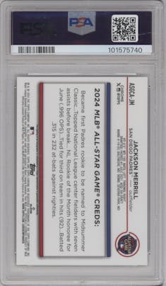 Jackson Merrill  from the 2024 Topps Chrome Update set featuring a X-Fractor parallel graded by PSA and given an overall grade of 10.