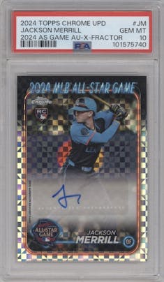 Jackson Merrill  from the 2024 Topps Chrome Update set featuring a X-Fractor parallel graded by PSA and given an overall grade of 10.