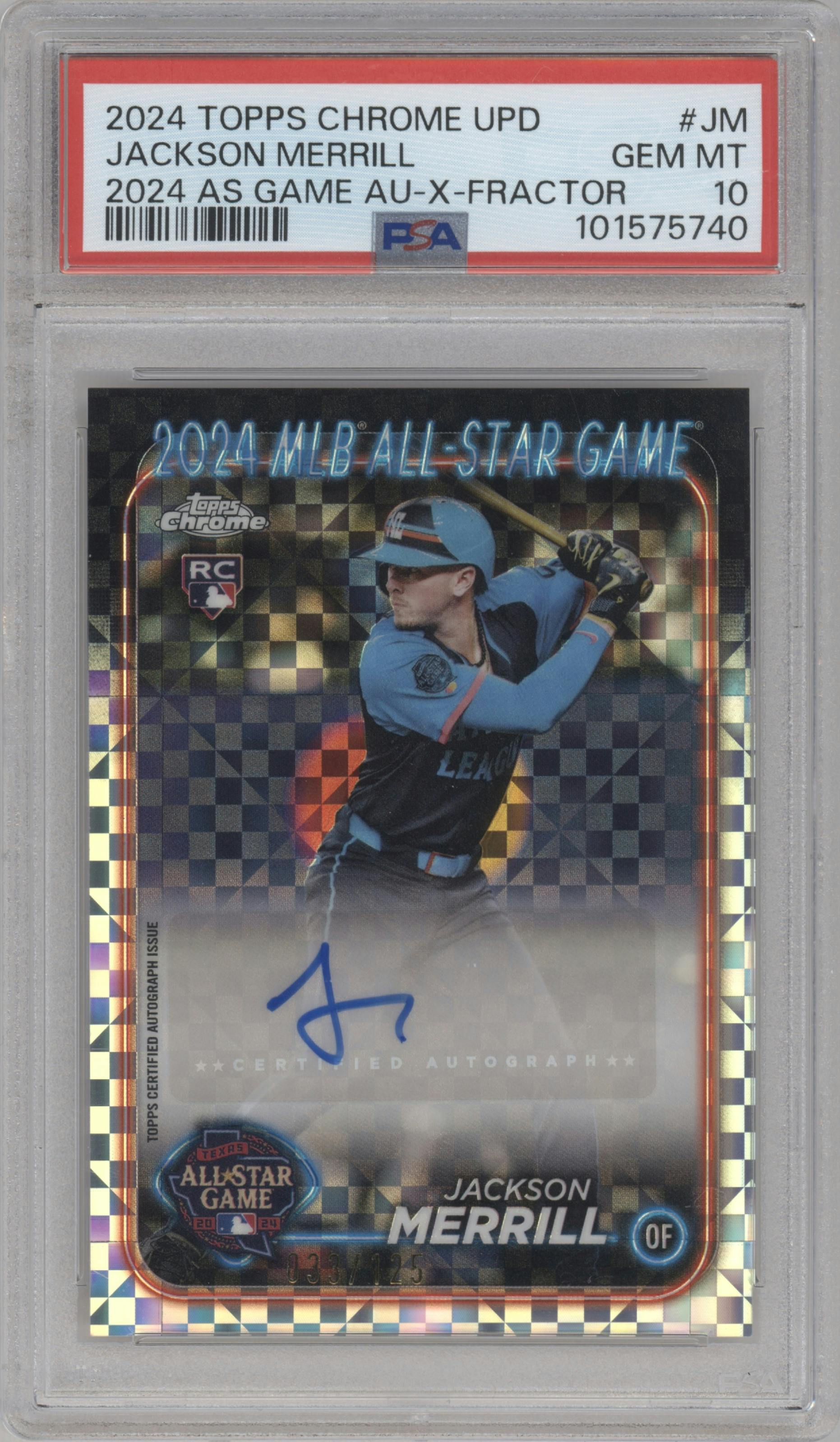 Jackson Merrill  from the 2024 Topps Chrome Update set featuring a X-Fractor parallel graded by PSA and given an overall grade of 10.