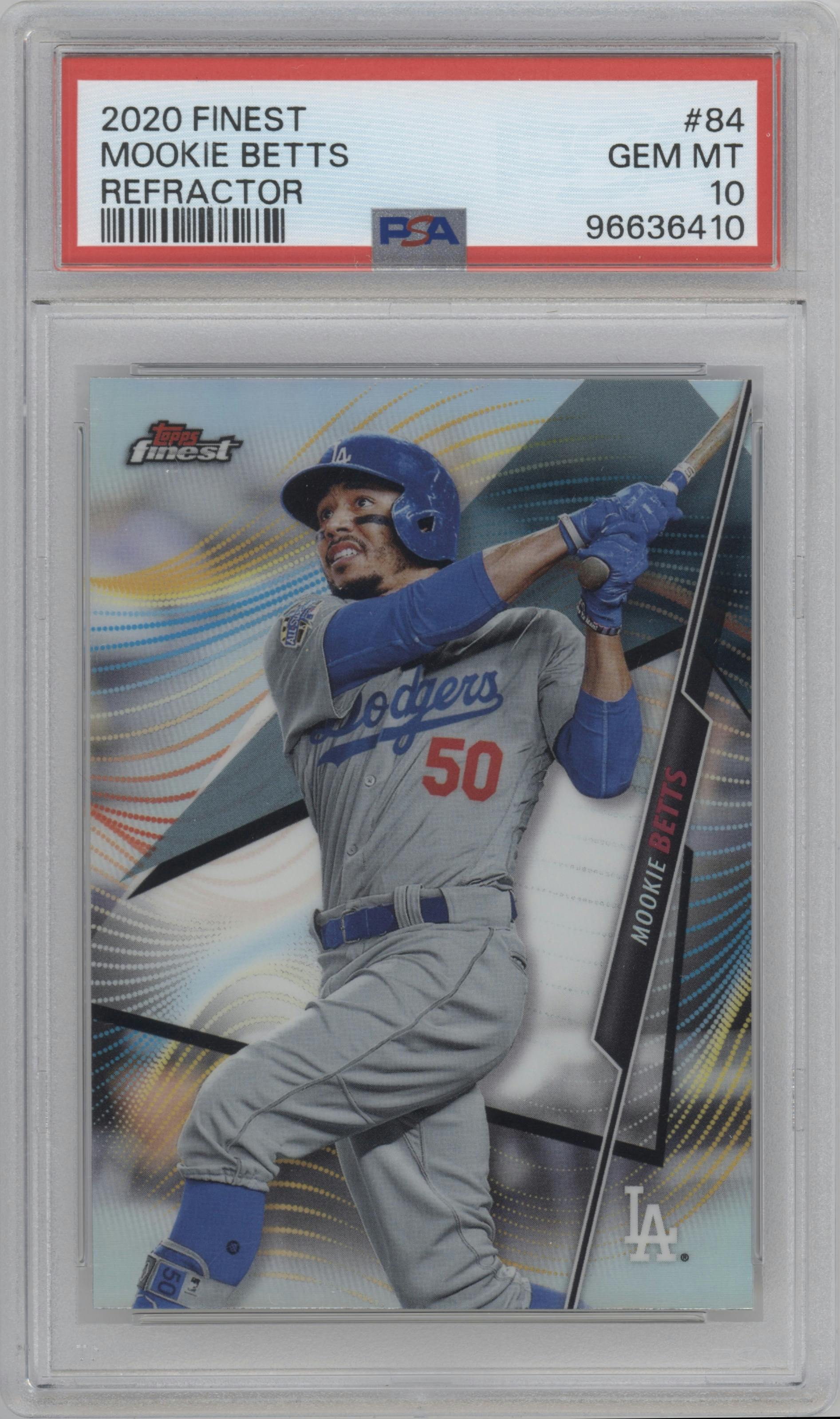 Mookie Betts from the 2020 Topps Finest set featuring a Refractor  parallel graded by PSA and given an overall grade of 10.