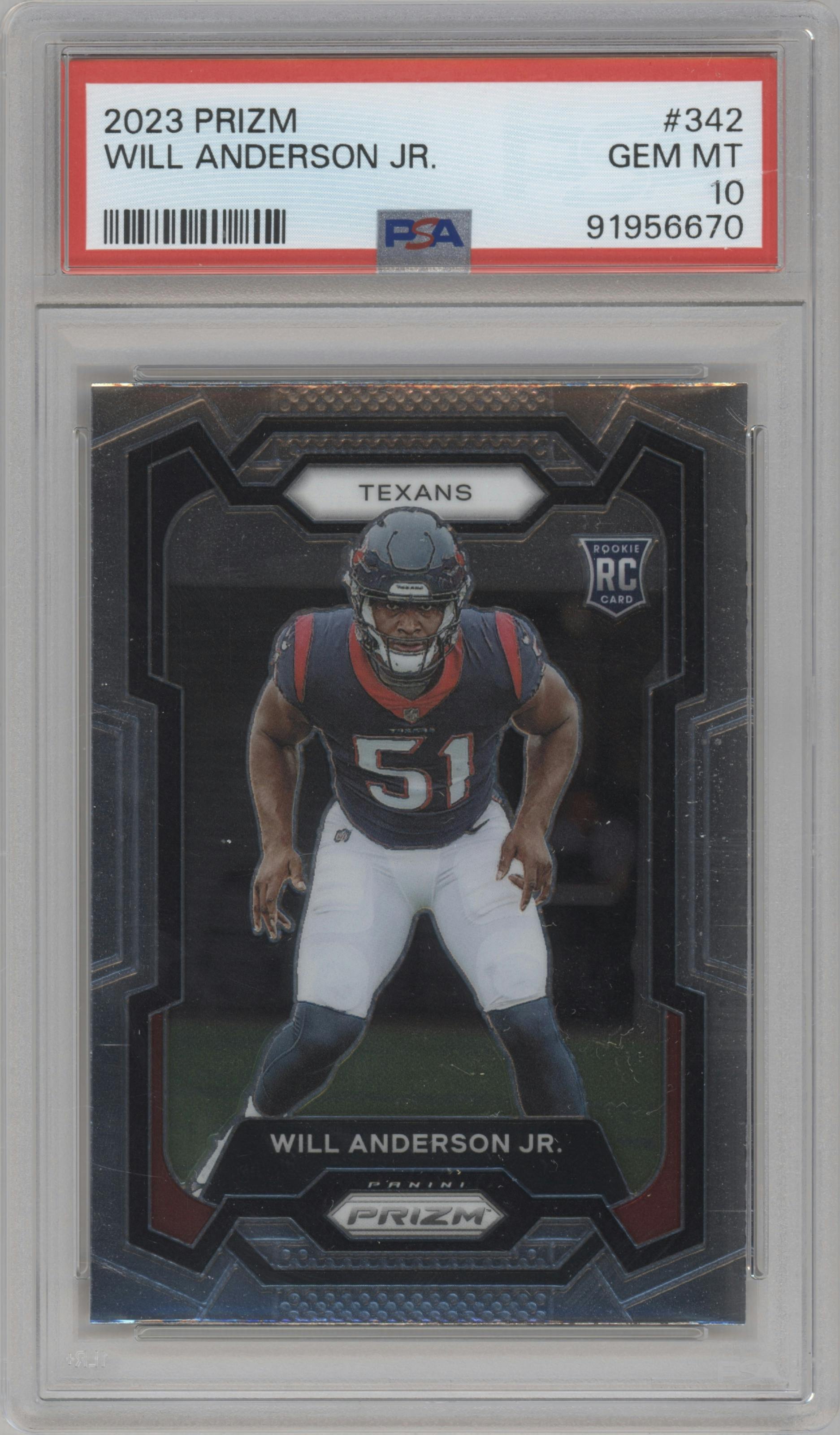 Will Anderson Jr. from the 2023 Panini Prizm set graded by PSA and given an overall grade of 10.