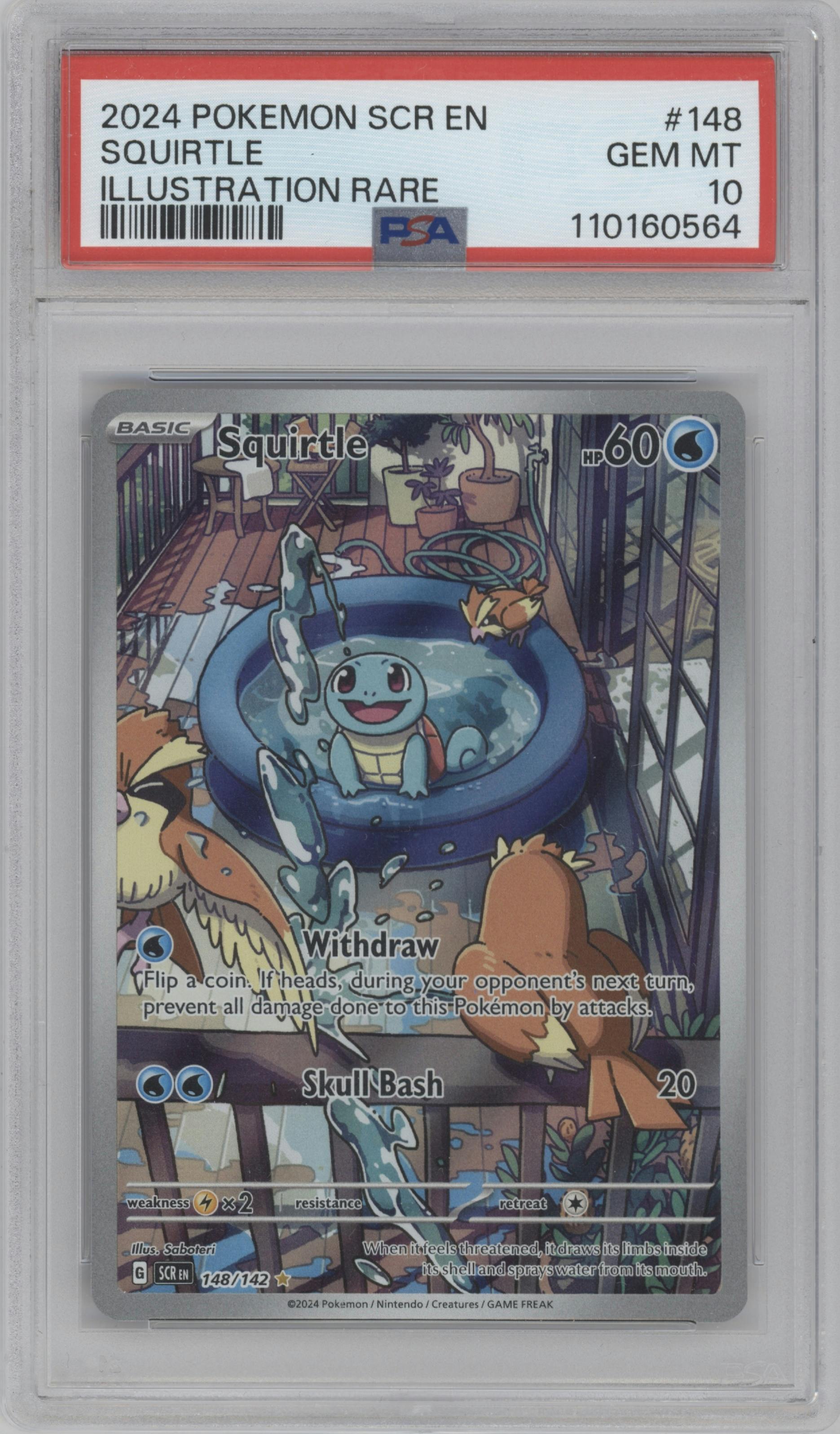 Squirtle from the 2024 Pokemon SV set graded by PSA and given an overall grade of 10.