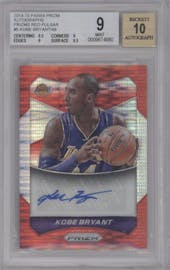 Kobe Bryant from the 2014-15 Panini Prizm set featuring a Red Pulsar parallel graded by Beckett and given an overall grade of 9.