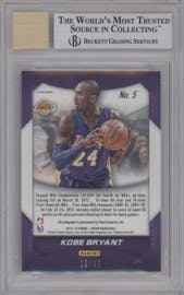 Kobe Bryant from the 2014-15 Panini Prizm set featuring a Red Pulsar parallel graded by Beckett and given an overall grade of 9.