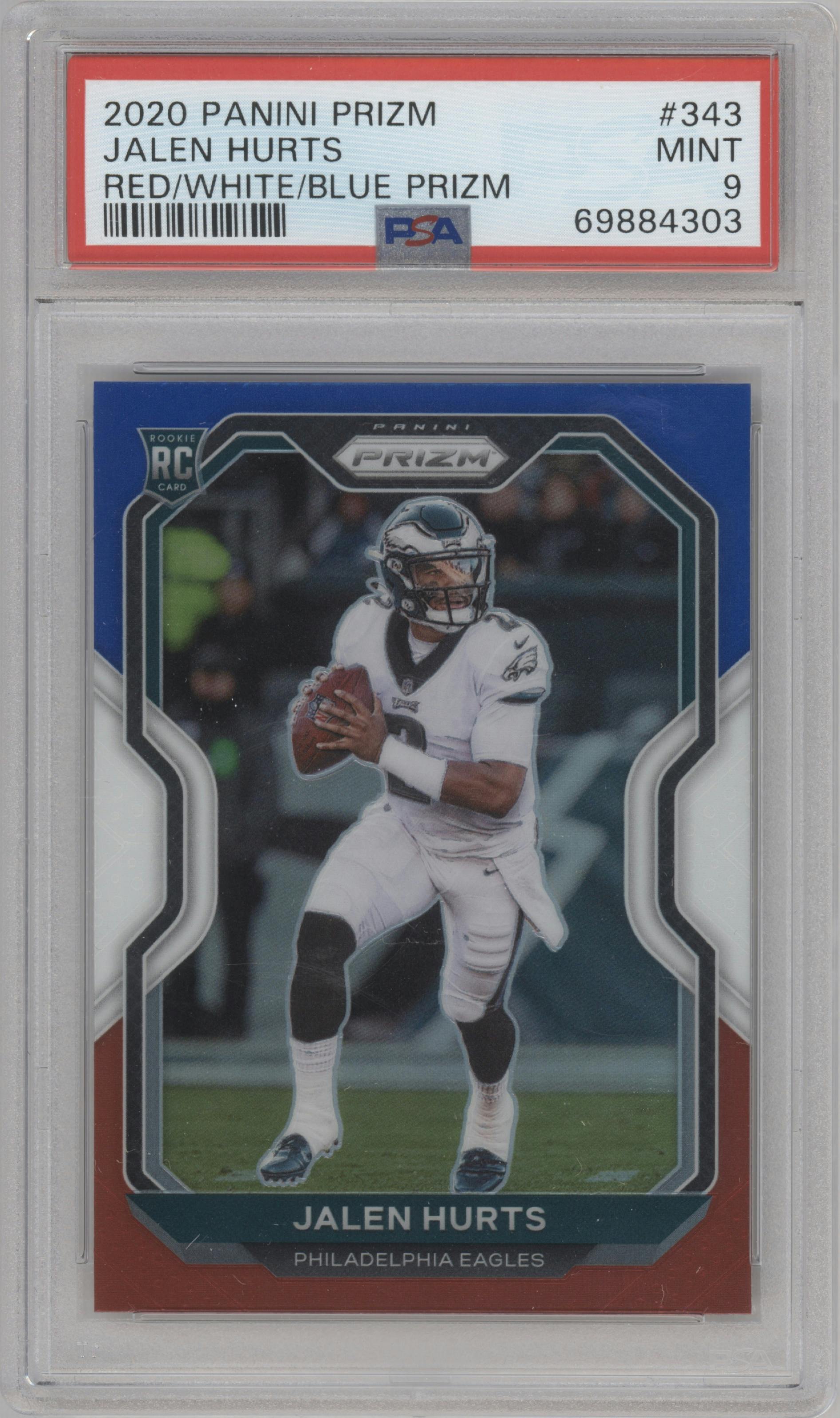 Jalen Hurts from the 2020 Panini Prizm set featuring a Red/White/Blue Prizm parallel graded by PSA and given an overall grade of 9.