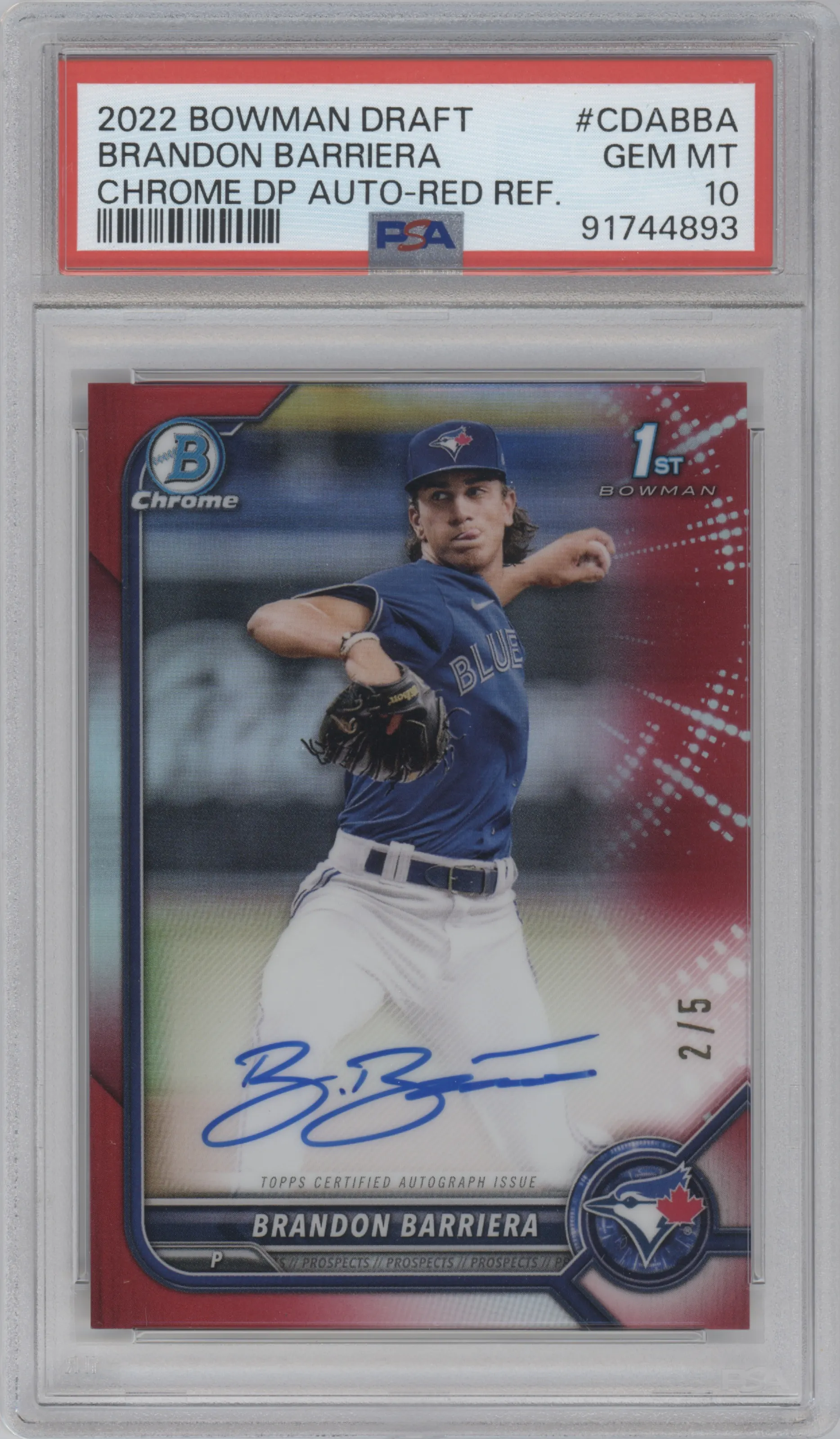 2022 Bowman Draft Chr.DP Auto Brandon Barriera Red Refractor PSA 10