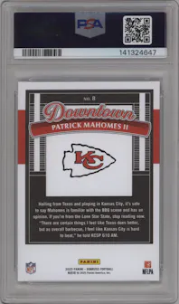 Patrick Mahomes II from the 2025 Panini Donruss set graded by PSA and given an overall grade of 10.