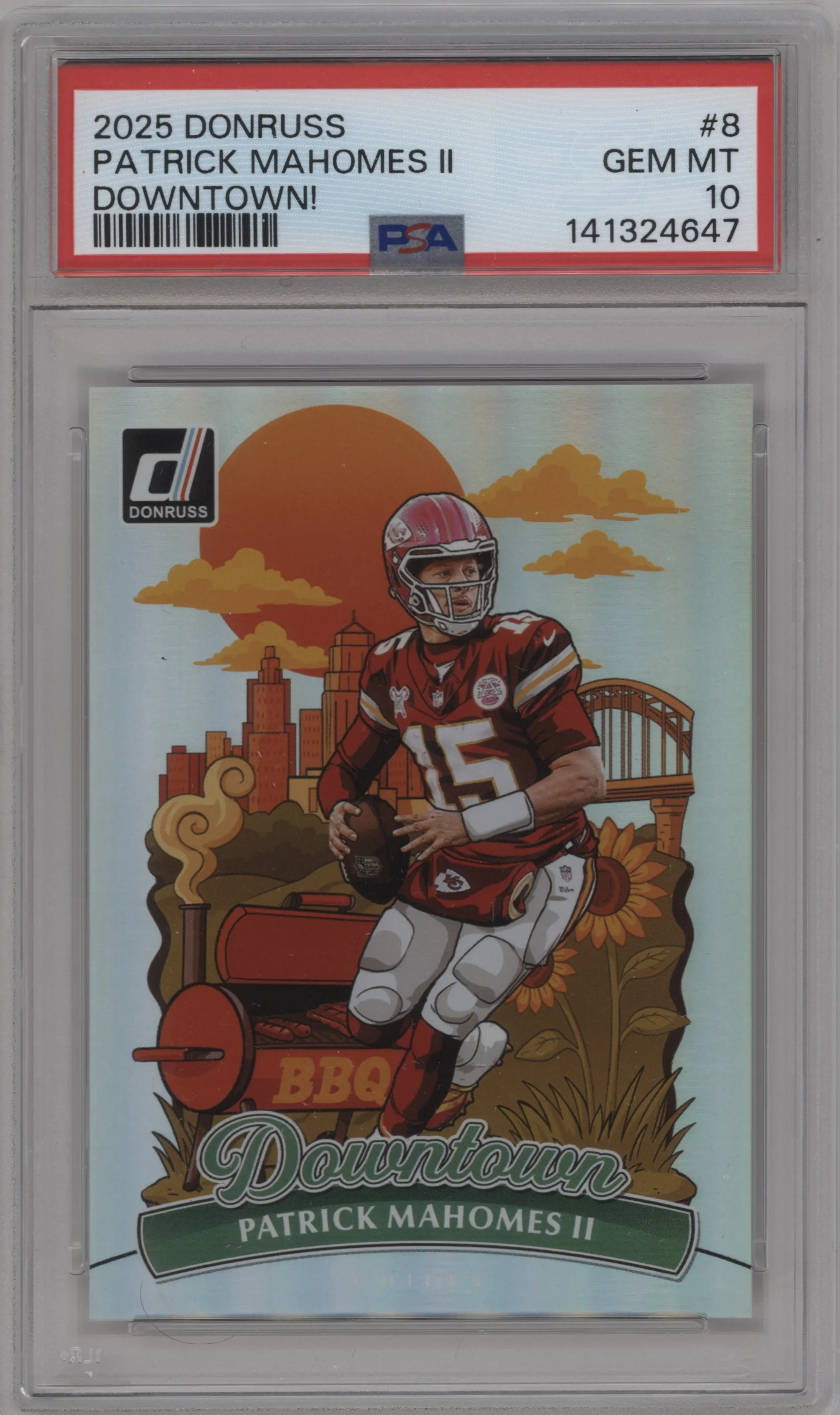 Patrick Mahomes II from the 2025 Panini Donruss set graded by PSA and given an overall grade of 10.