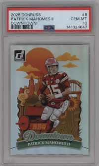 Patrick Mahomes II from the 2025 Panini Donruss set graded by PSA and given an overall grade of 10.