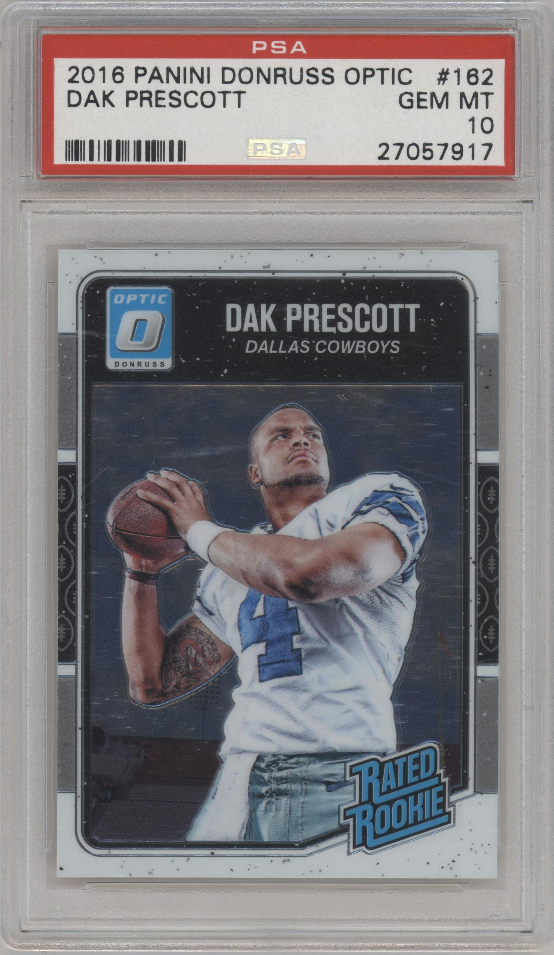 Dak Prescott from the 2016 Panini Donruss Optic set graded by PSA and given an overall grade of 10.